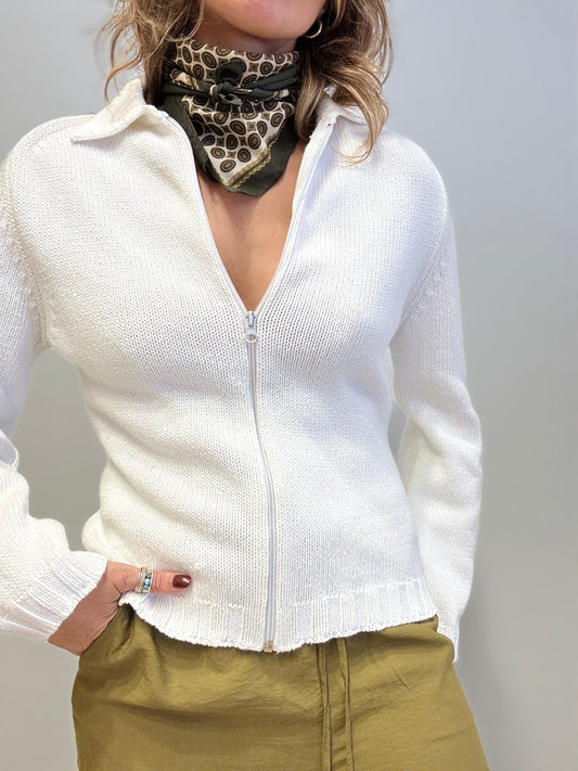 White zip-up cotton knit