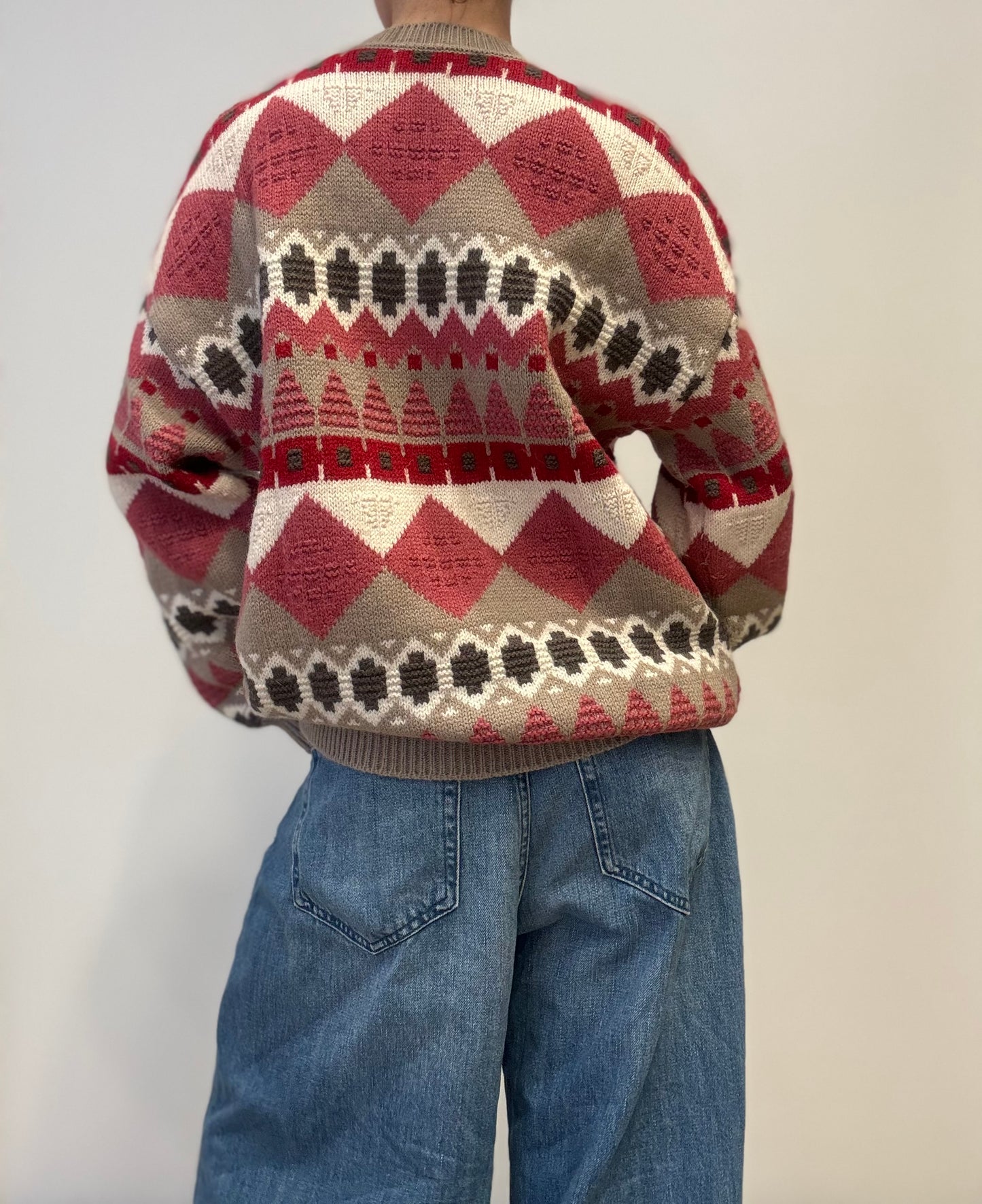 Vintage Geometric Knit Cardigan in Red & Taupe