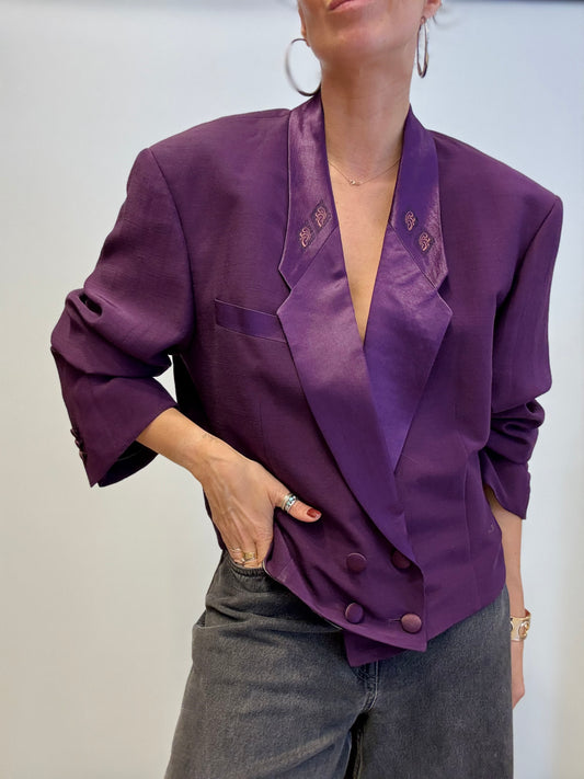 Vintage Double-Breasted Purple Blazer with Satin Lapel