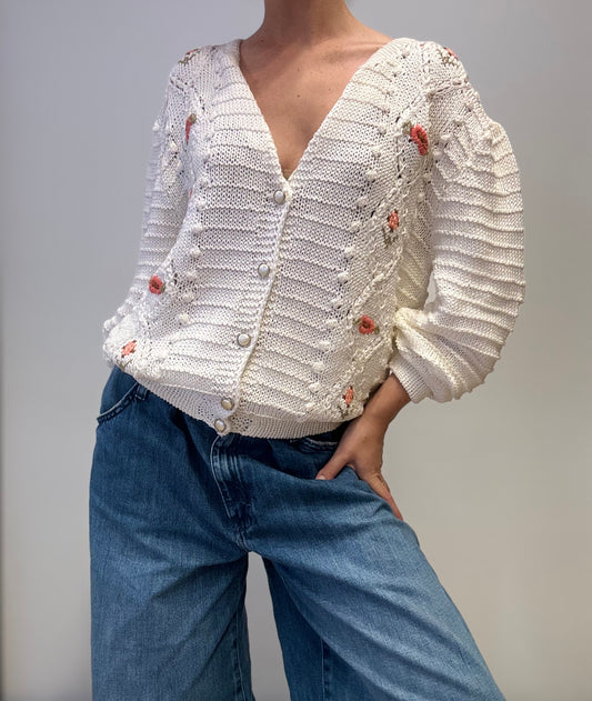 Vintage Italiaans Handgebreid Katoenen Vest met Geborduurde Bloemen