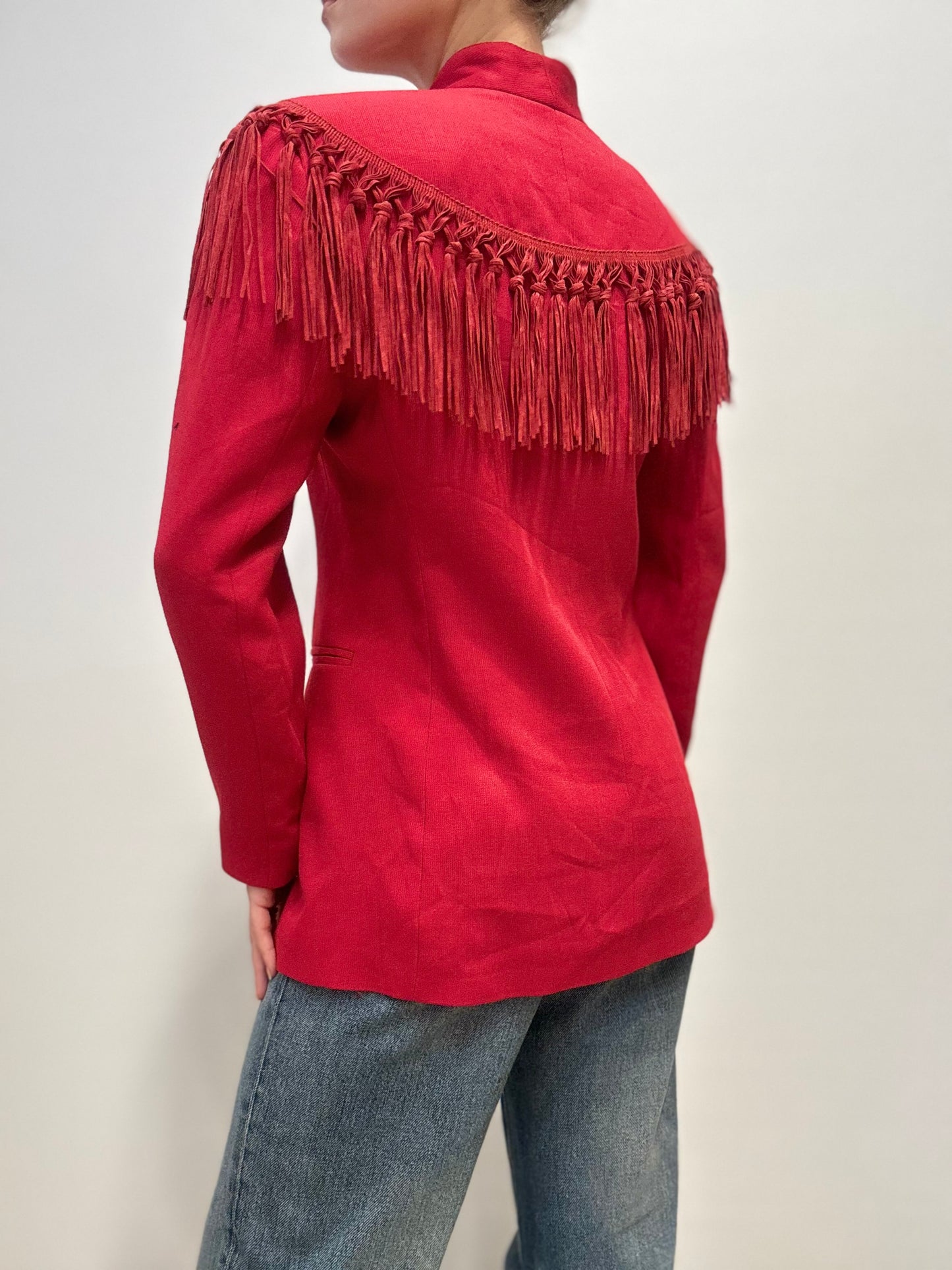 Vintage Italiaanse Wollen Blazer met Franjes in Dieprood