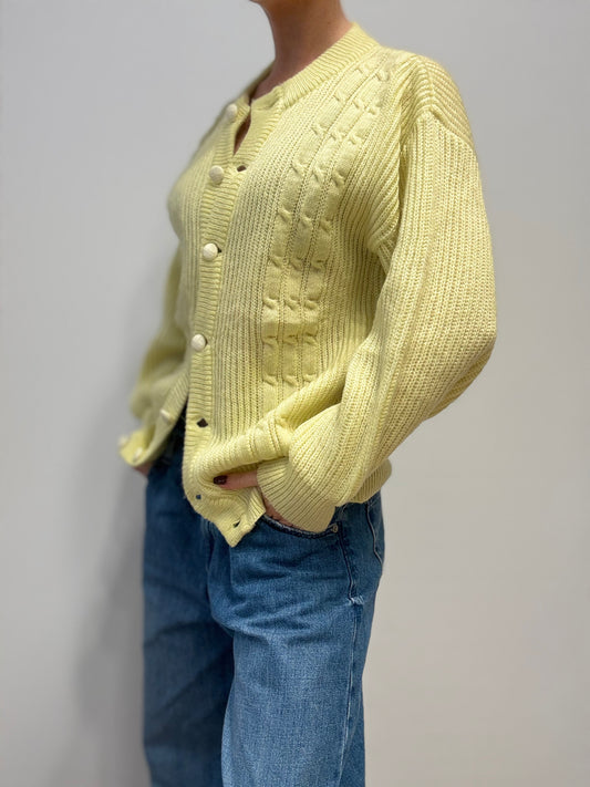 Vintage Alan Brown Cable-Knit Cardigan in Pastel Yellow — Made in Italy