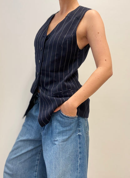 Vintage Marineblauw Gestreept Gilet