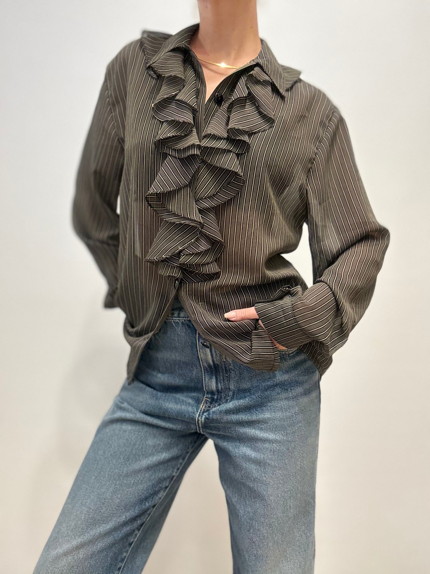 Vintage Ruffled Blouse in Black Pinstripe