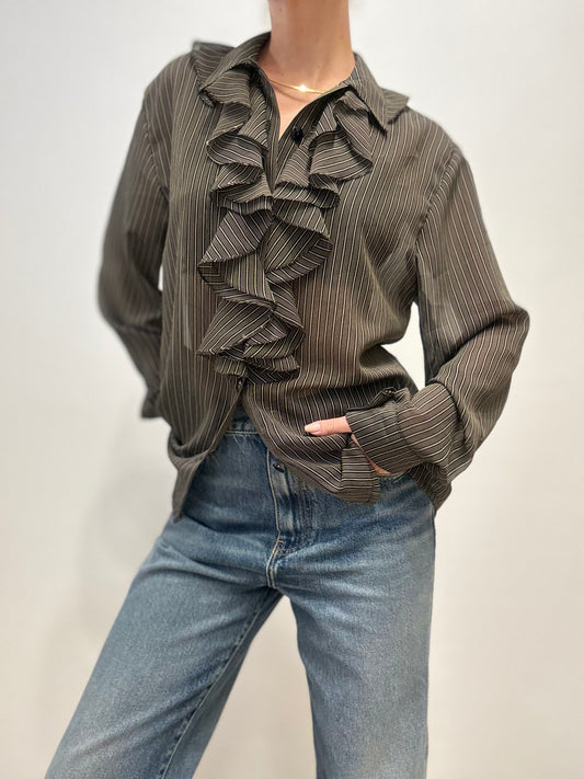 Vintage Ruffled Blouse in Black Pinstripe