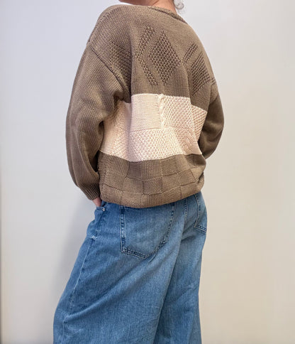 Vintage Gebreide Patchwork Cardigan in Aardetinten