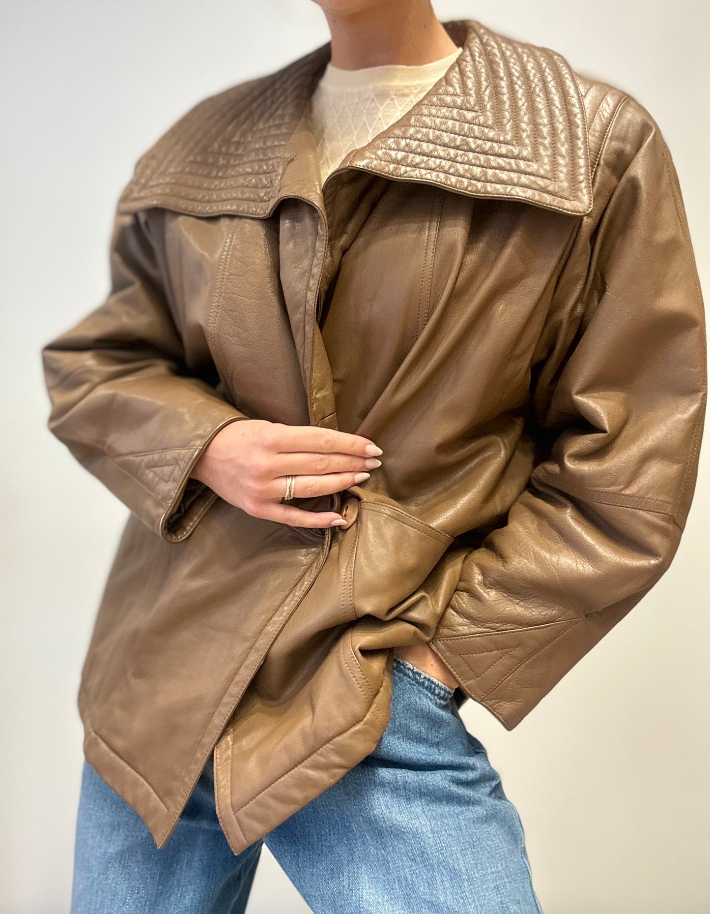 Vintage Leather Jacket with Quilted Collar in Taupe Brown
