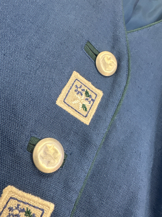 Flower Blue Puff Sleeve Blazer with Metal Buttons