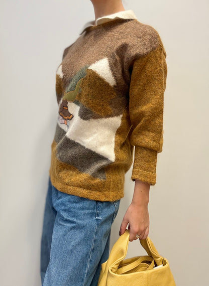 Vintage Trui met Patchwork & Geborduurd Detail