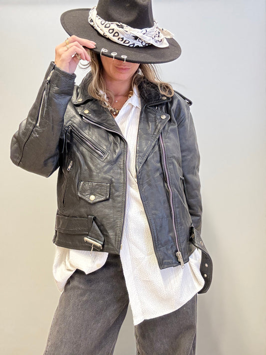 Vintage Leather Biker Jacket – Black