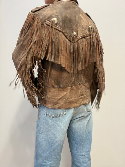 Vintage Western Leren Fringe Jas