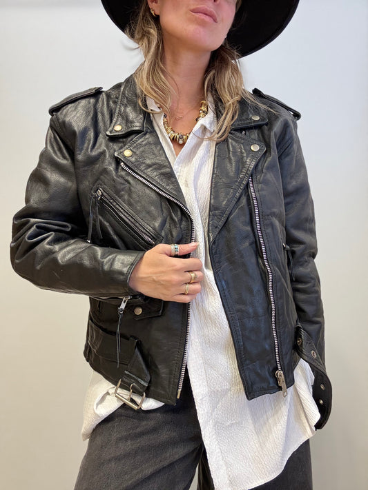 Vintage Leather Biker Jacket – Black