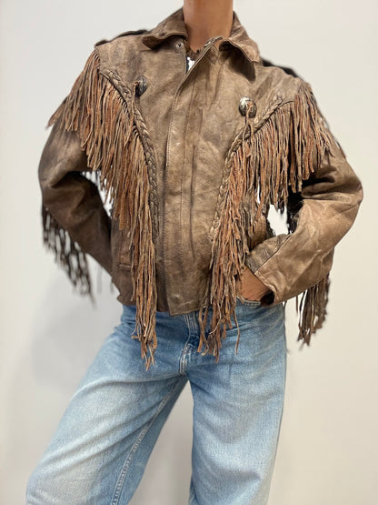 Vintage Western Leren Fringe Jas