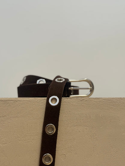 Dark Brown Suede Belt with silver Eyelets