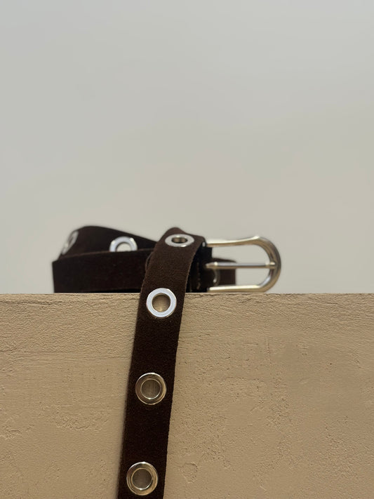 Dark Brown Suede Belt with silver Eyelets
