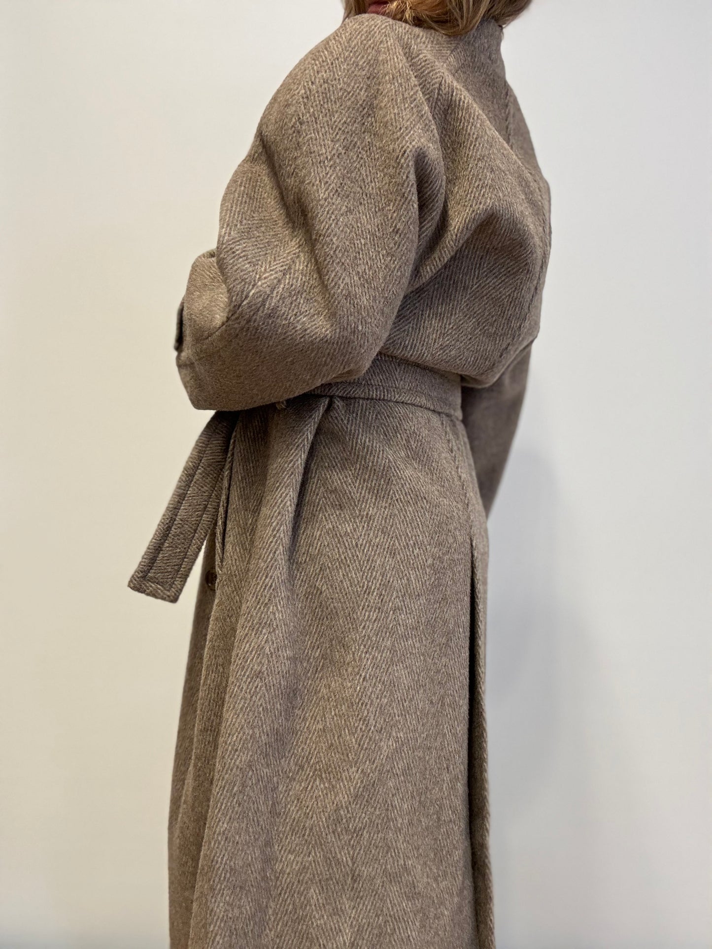 Vintage Wool-Blend Coat in Taupe Herringbone