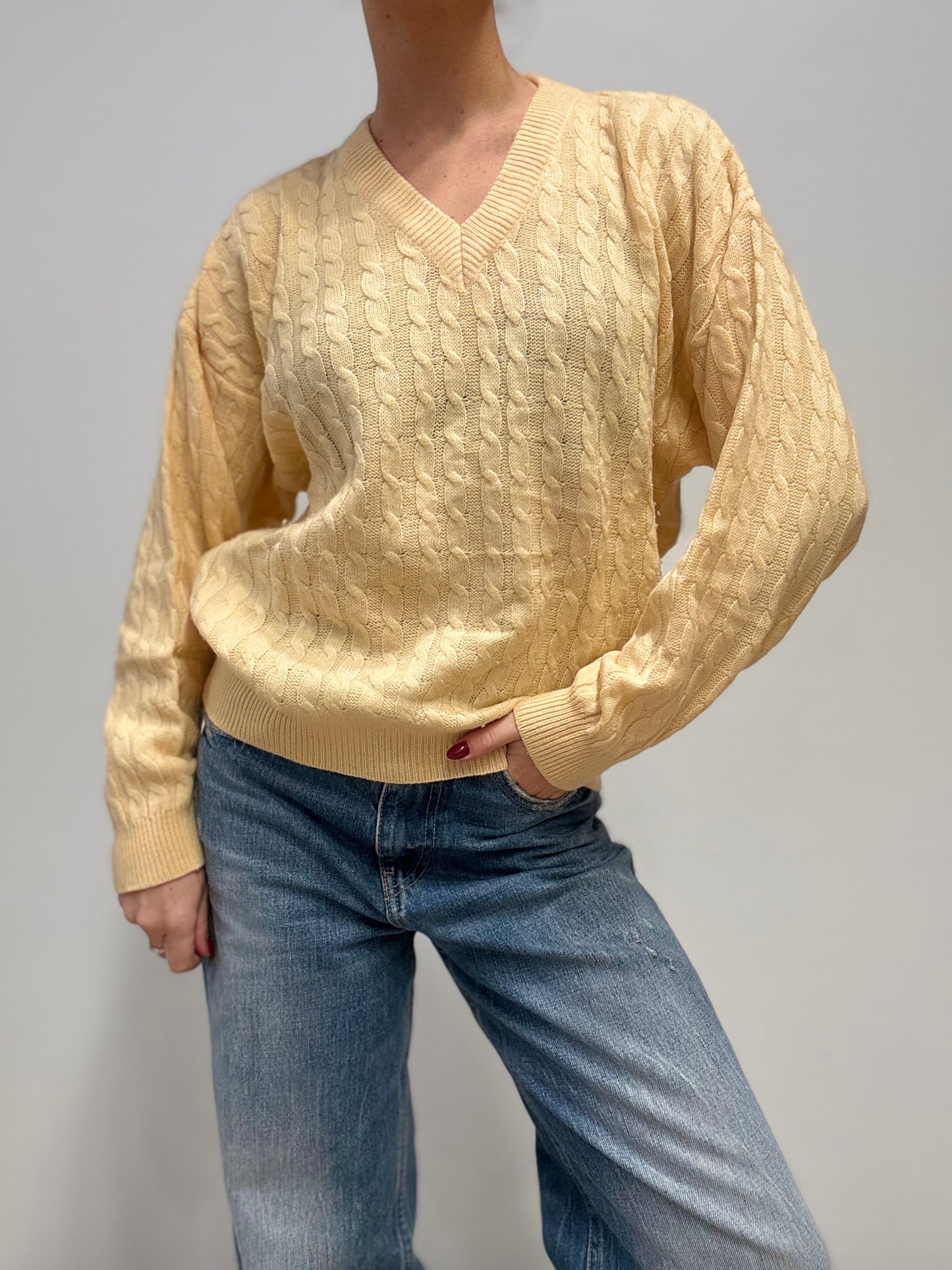 Vintage Kabelgebreide Trui in Zacht Geel