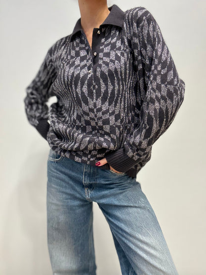 Italiaanse Vintage Polo Trui met Grafisch Motief en Glansdraad