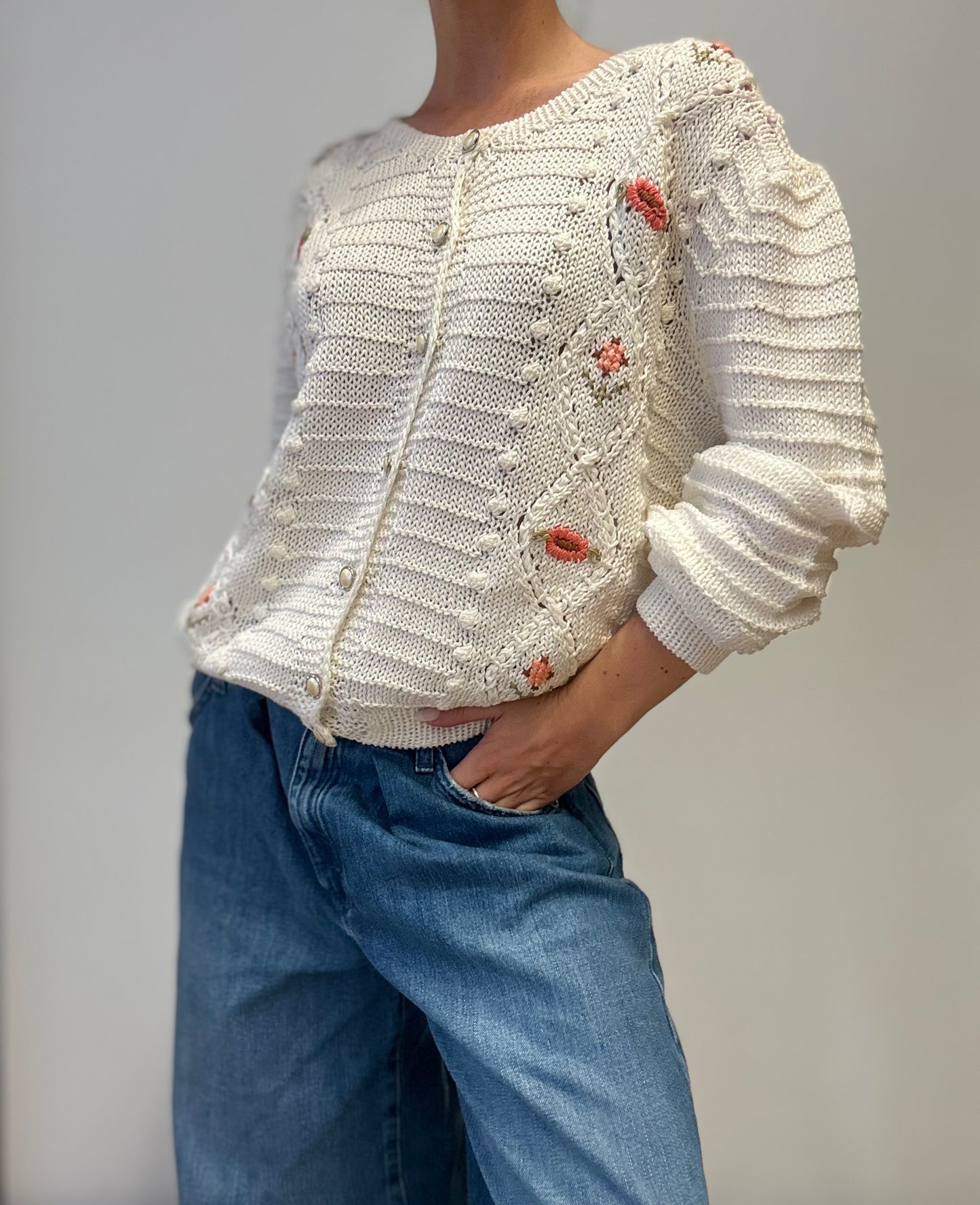 Vintage Italiaans Handgebreid Katoenen Vest met Geborduurde Bloemen