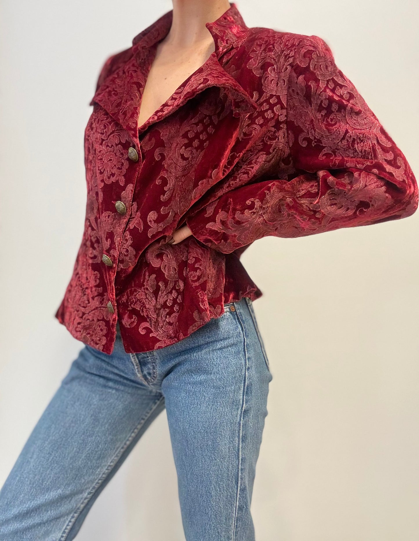 Vintage Fluwelen Brokaat Blazer in Dieprood