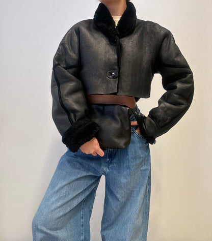 Vintage Cropped Lammy Shearling Jacket in Black
