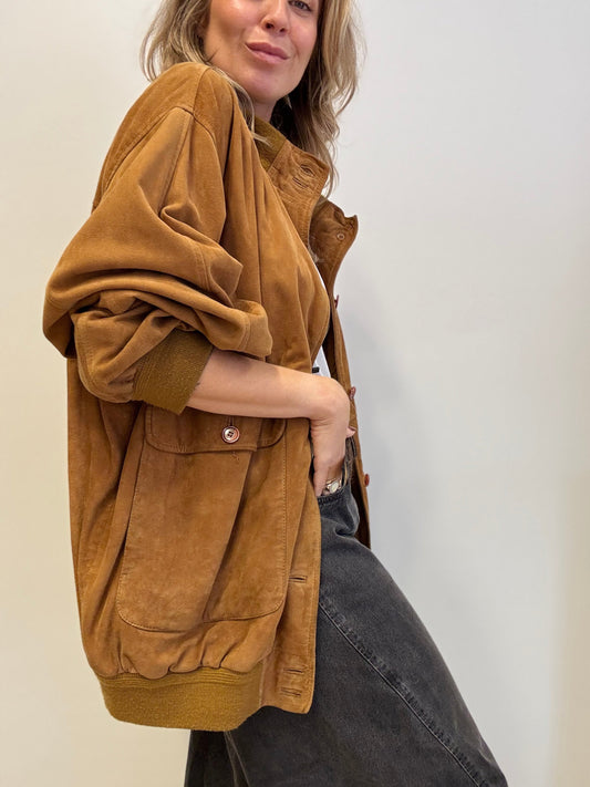 Vintage Suede Bomber Jacket Camel Brown