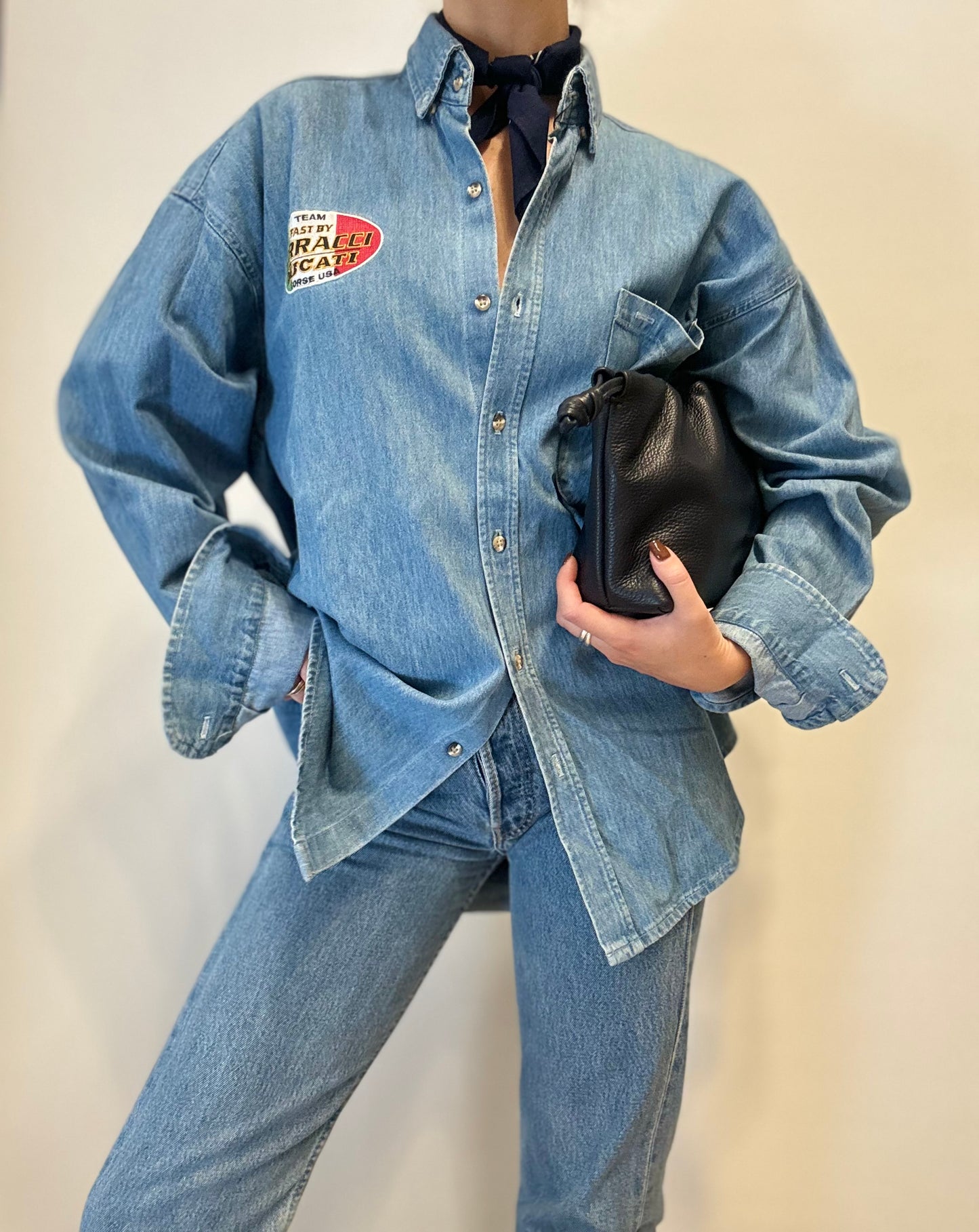 Vintage Racing-Inspired Denim Shirt with Embroidered Patch