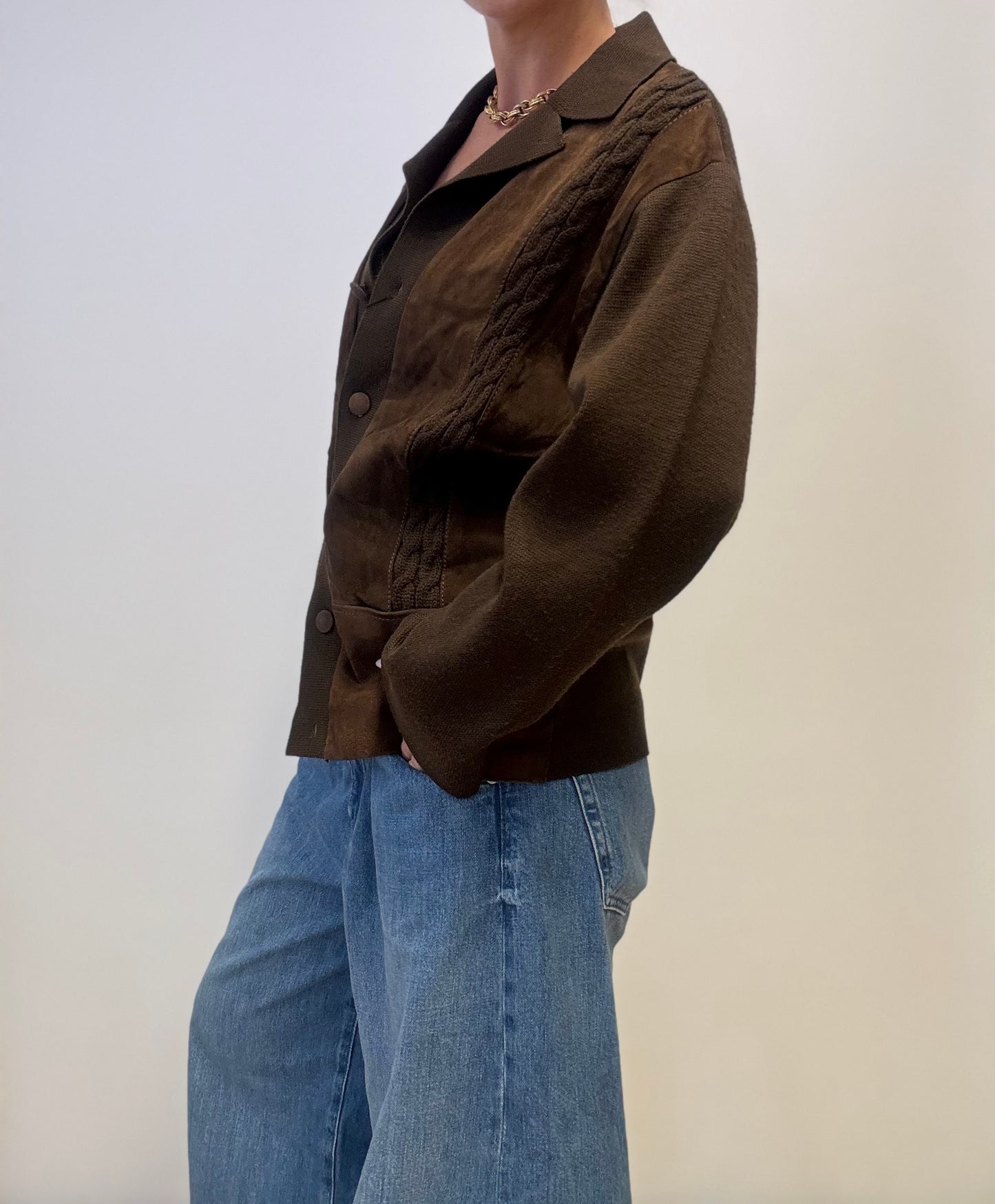 Vintage Suede & Knit Cardigan Jacket Dark Brown