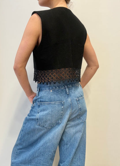 CM Giemme Zwarte Gilet met Kant en Strassknopen