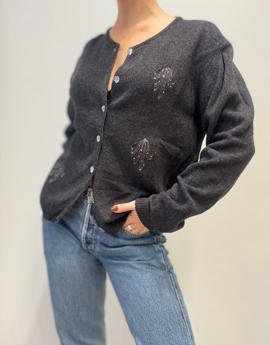Vintage Wool-Blend Cardigan with Beaded Embellishments in Charcoal Grey