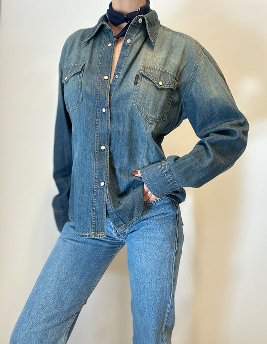 Vintage Denim Western Shirt in Classic Blue