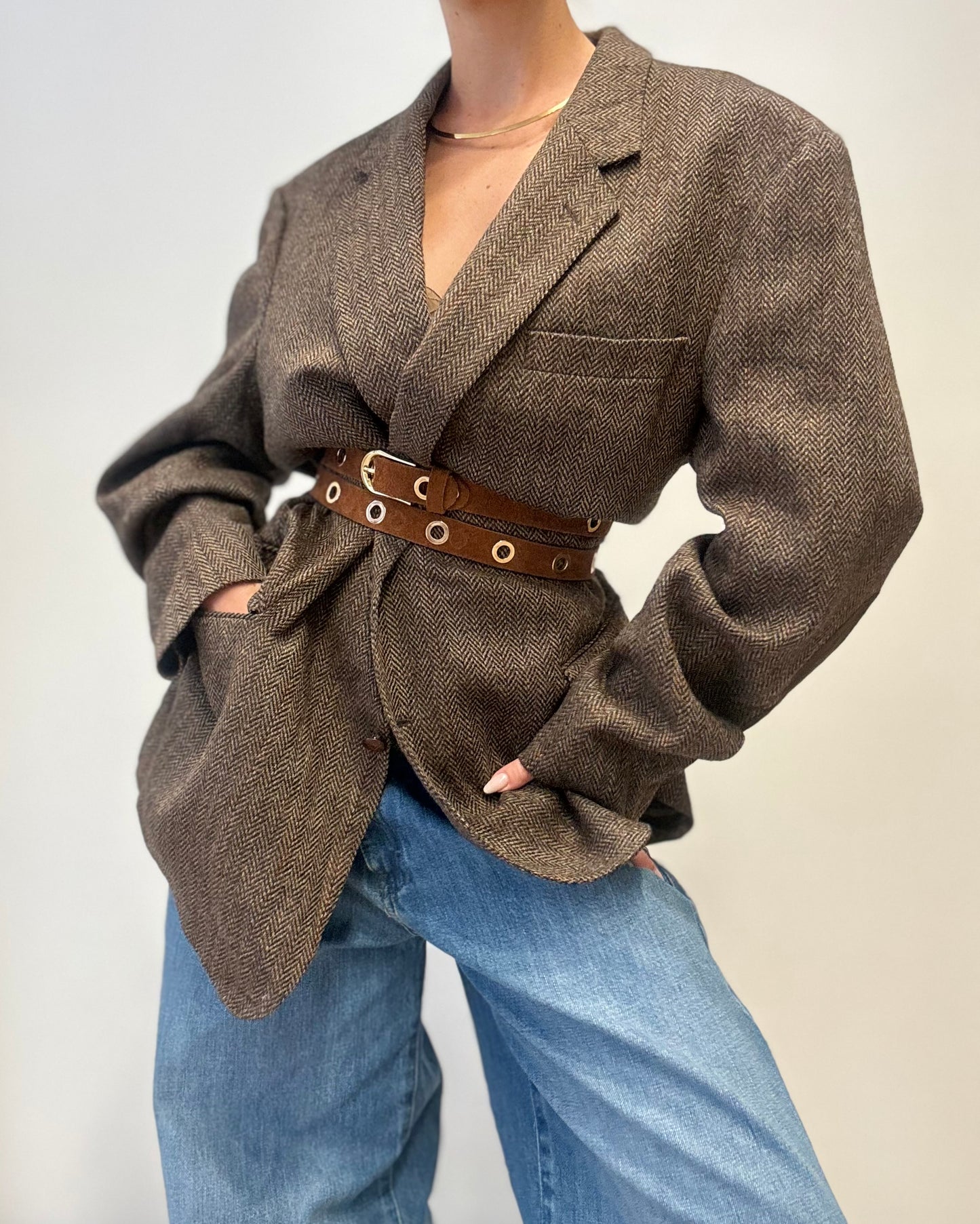 Vintage Burberry Wool Blazer in Brown Herringbone