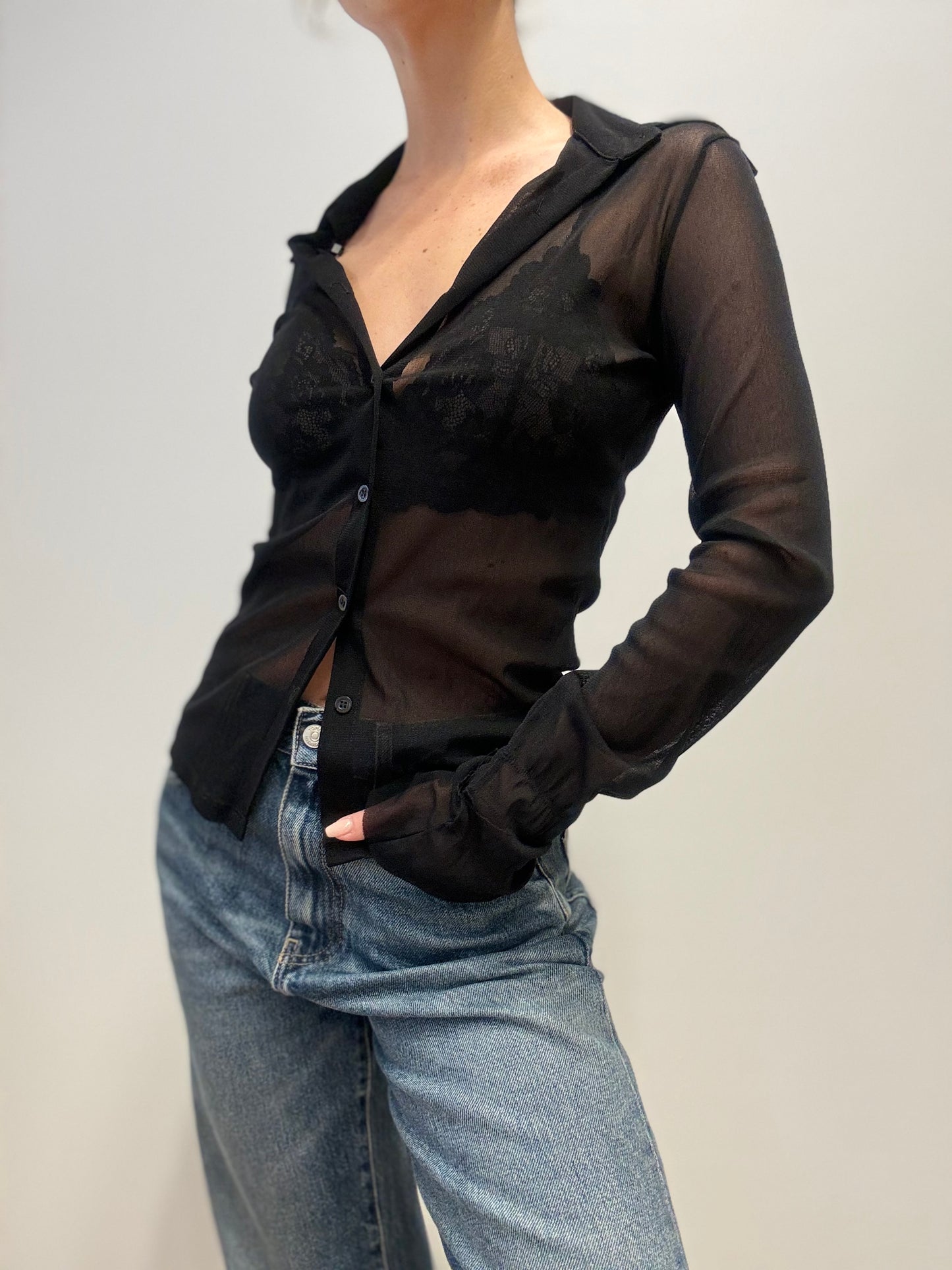 Vintage Sheer Button-Up Blouse in Black