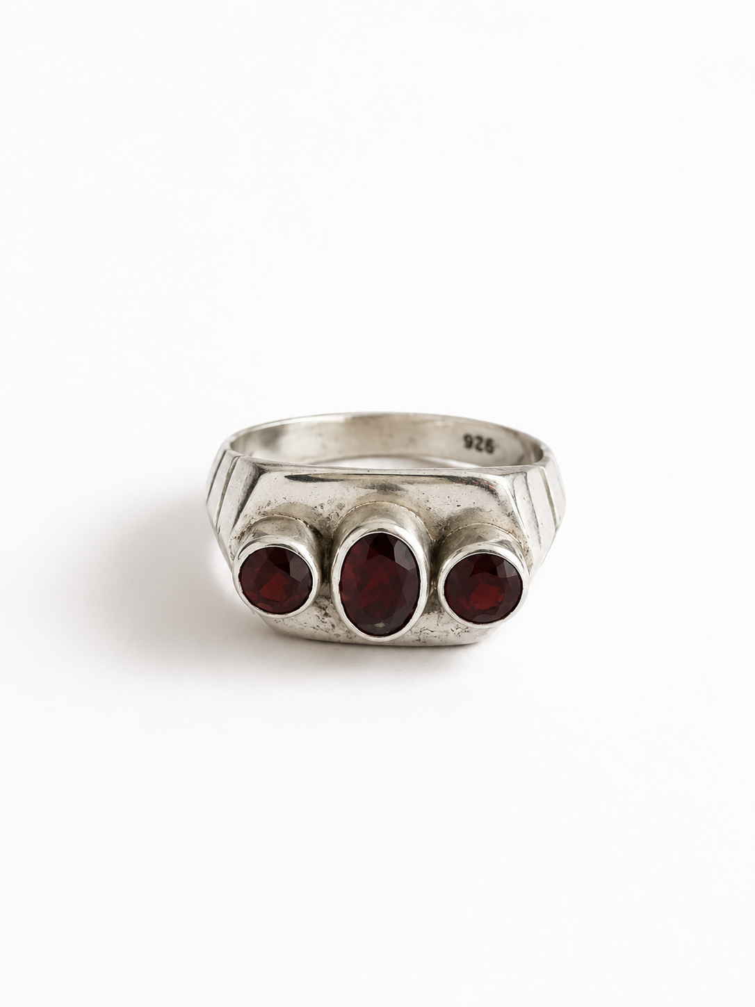 Vintage 925 Zilveren Ring met Drie Granaten