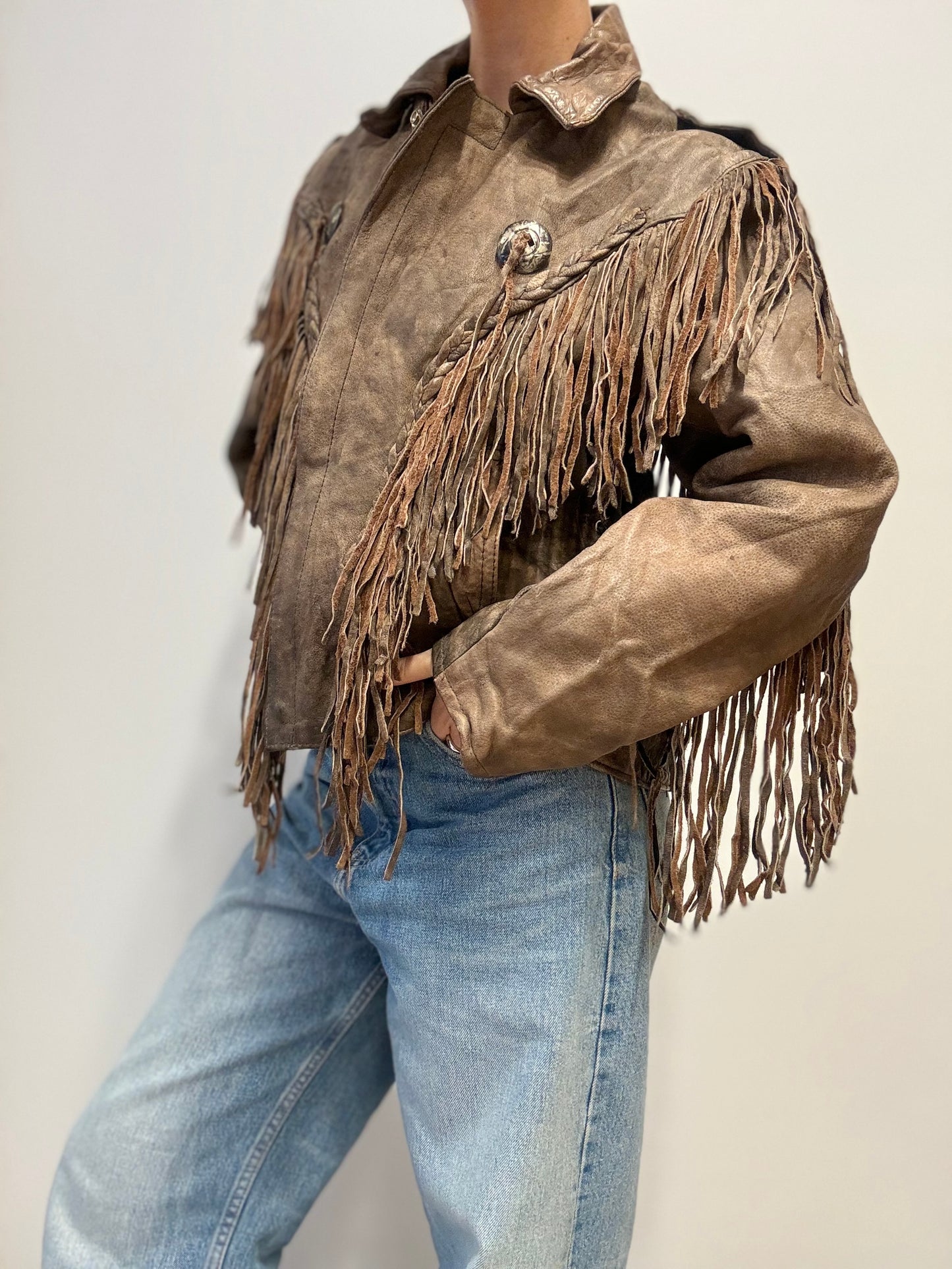 Vintage Western Leren Fringe Jas