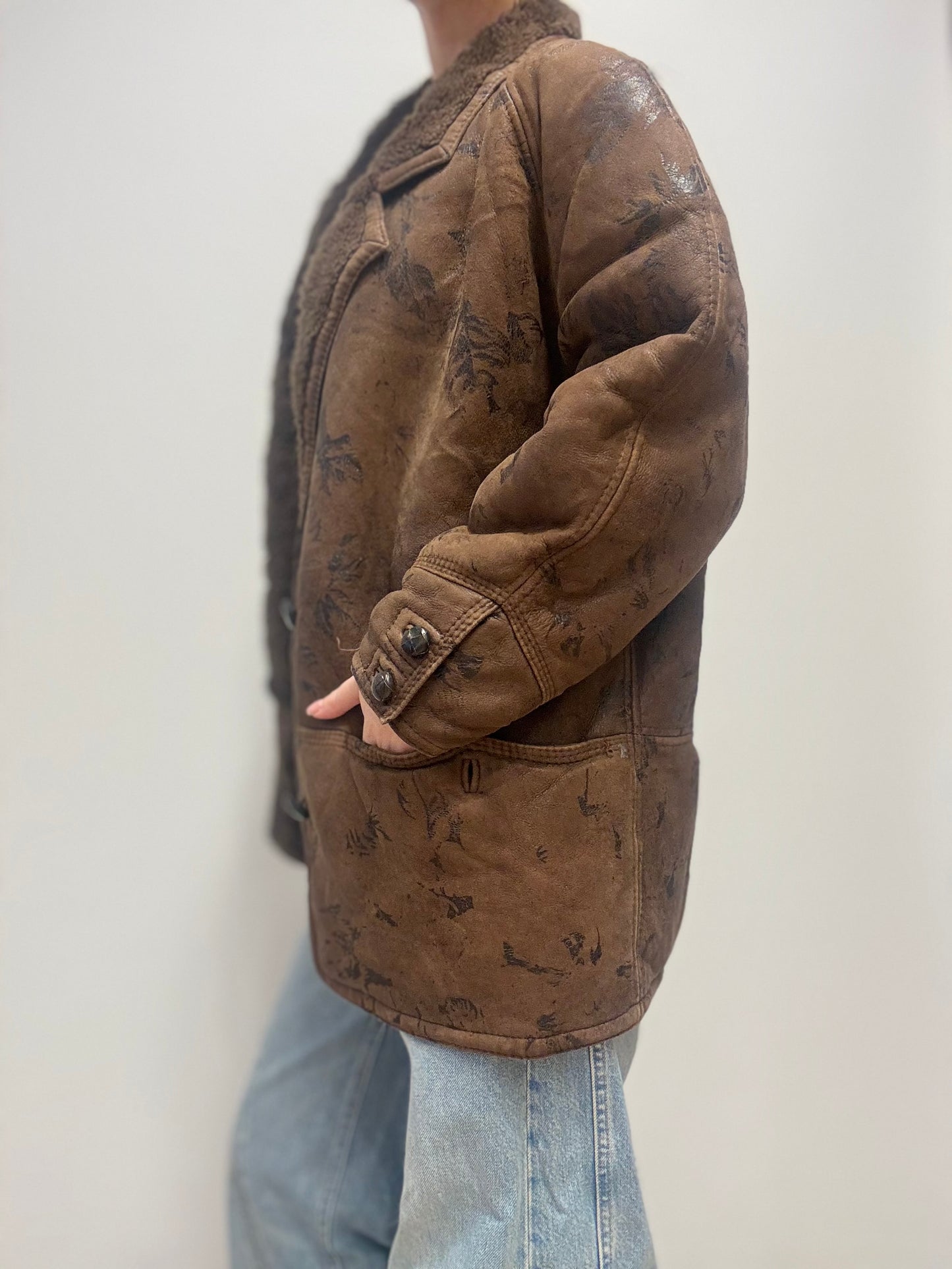 Vintage shearling jas met bloemenprint - chocoladebruin