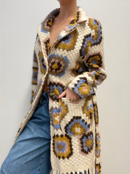 Vintage Wool-Blend Hand-Knitted Coat with Geometric Pattern