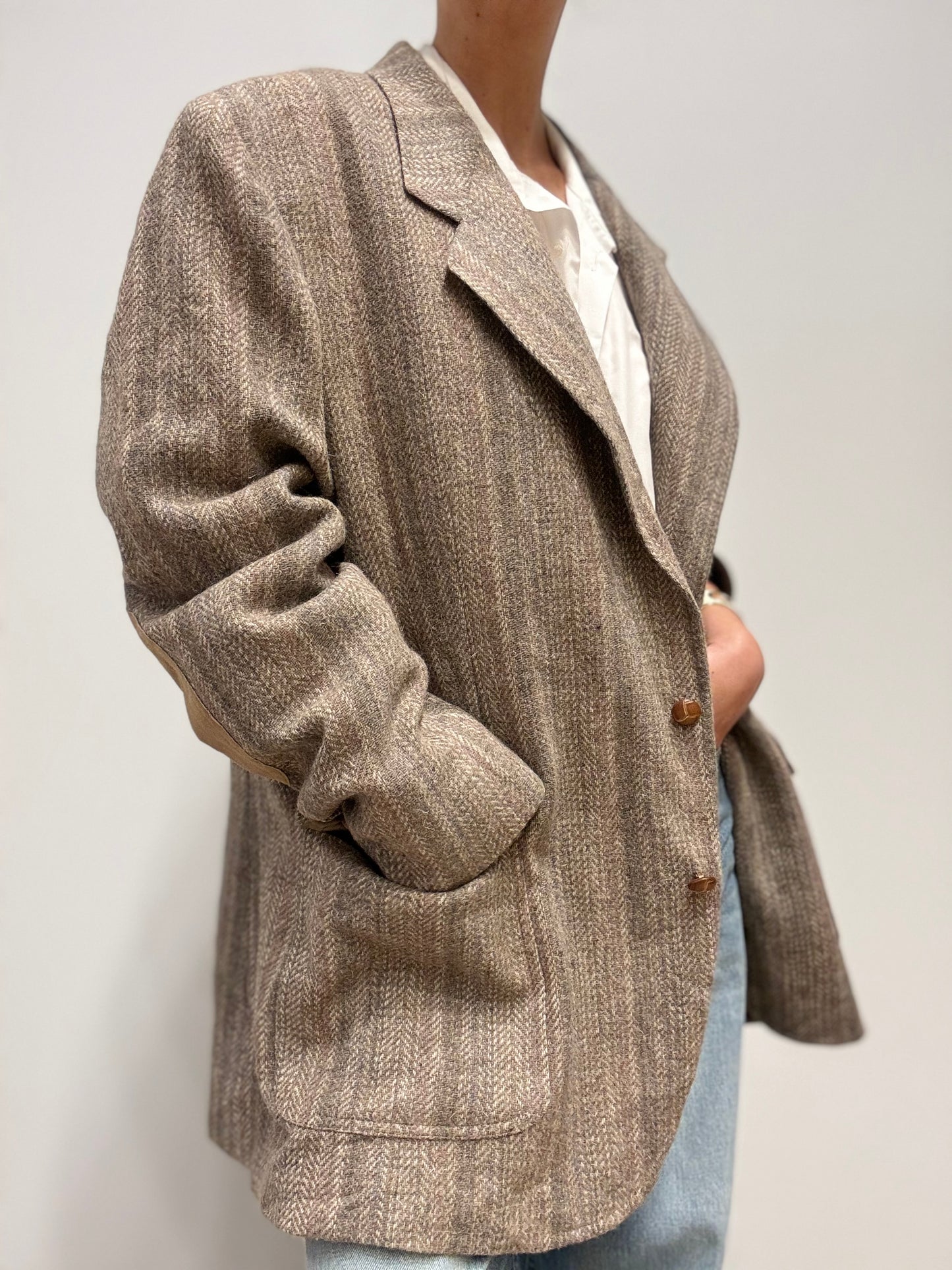 Vintage Wolblend Blazer met Visgraatpatroon
