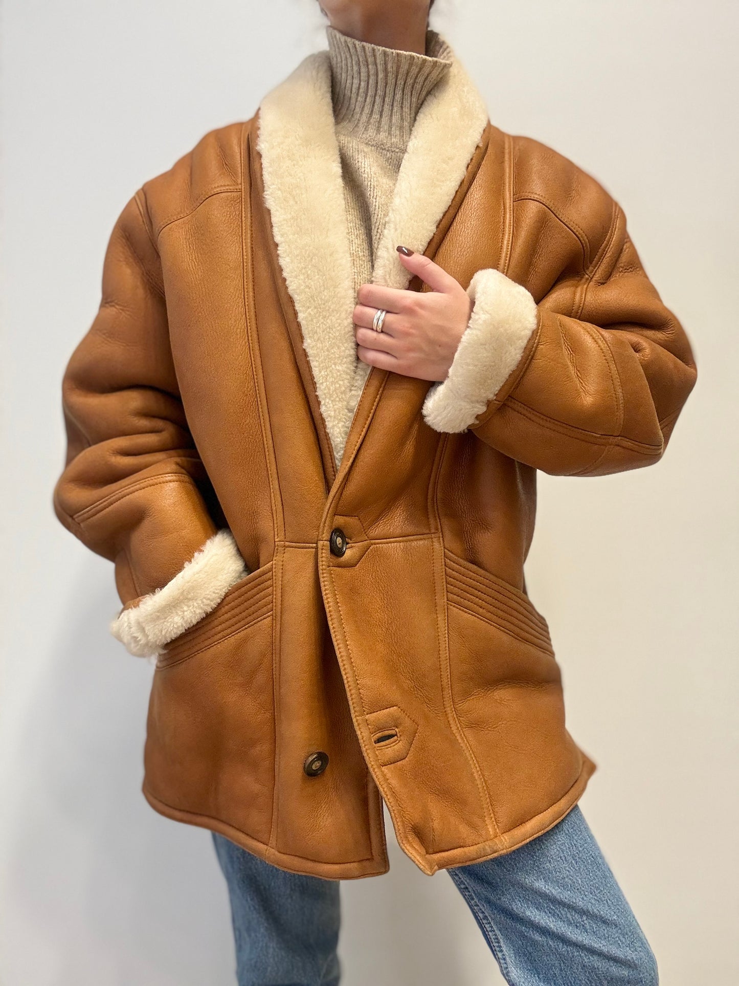 Vintage Shearling Coat in Camel Brown