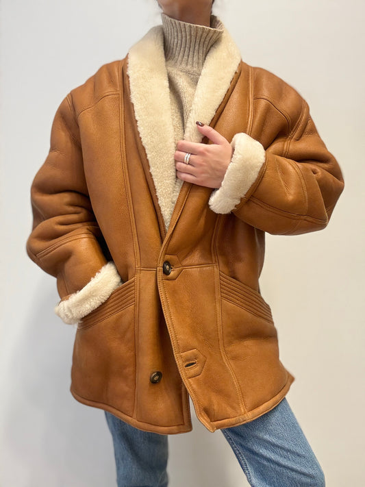 Vintage Shearling Coat in Camel Brown