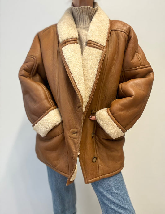Vintage Shearling Lammy Coat in Camel Brown