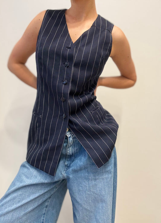 Vintage Marineblauw Gestreept Gilet