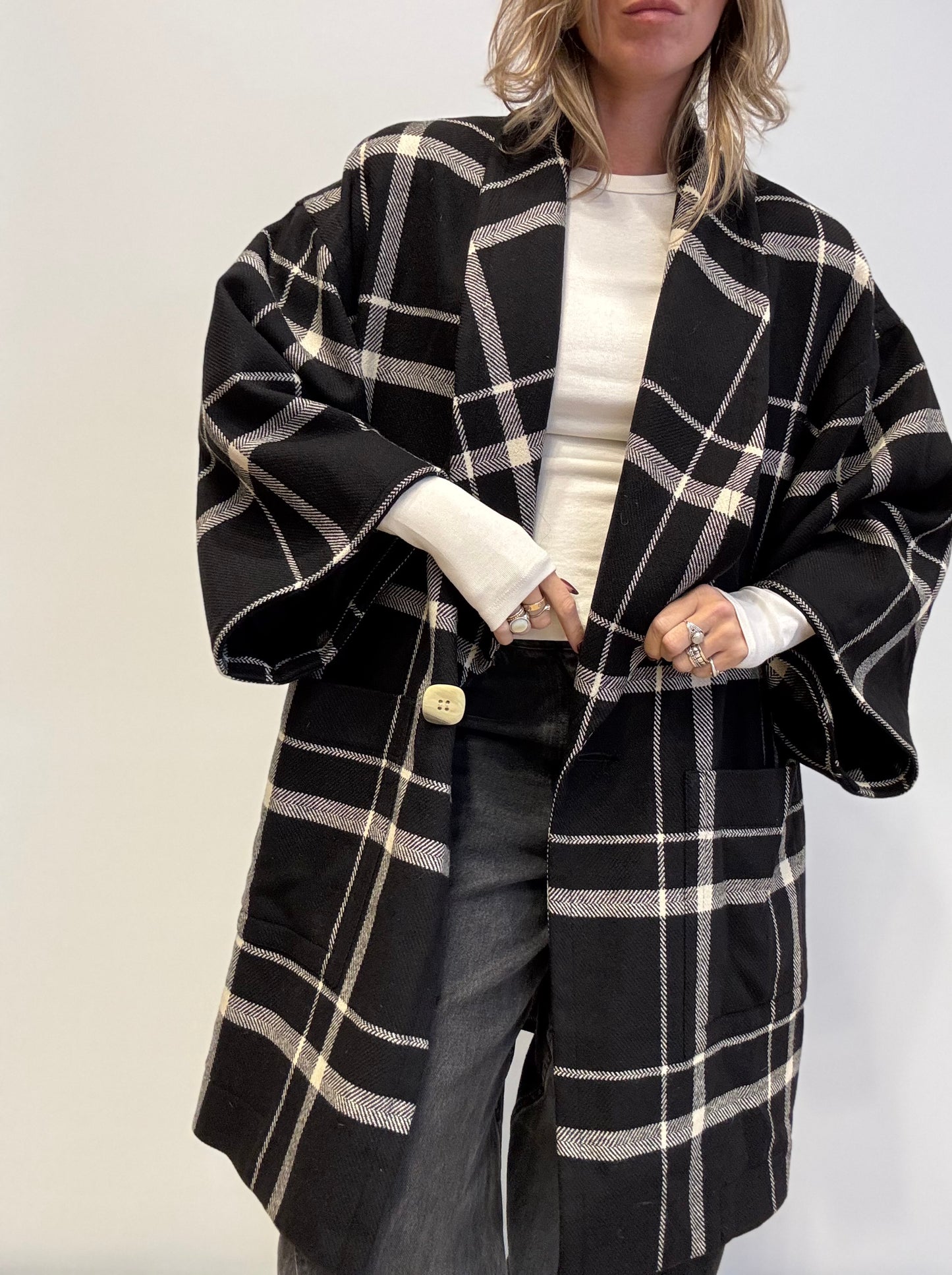 Vintage Oversized Checked Coat in Black & Cream