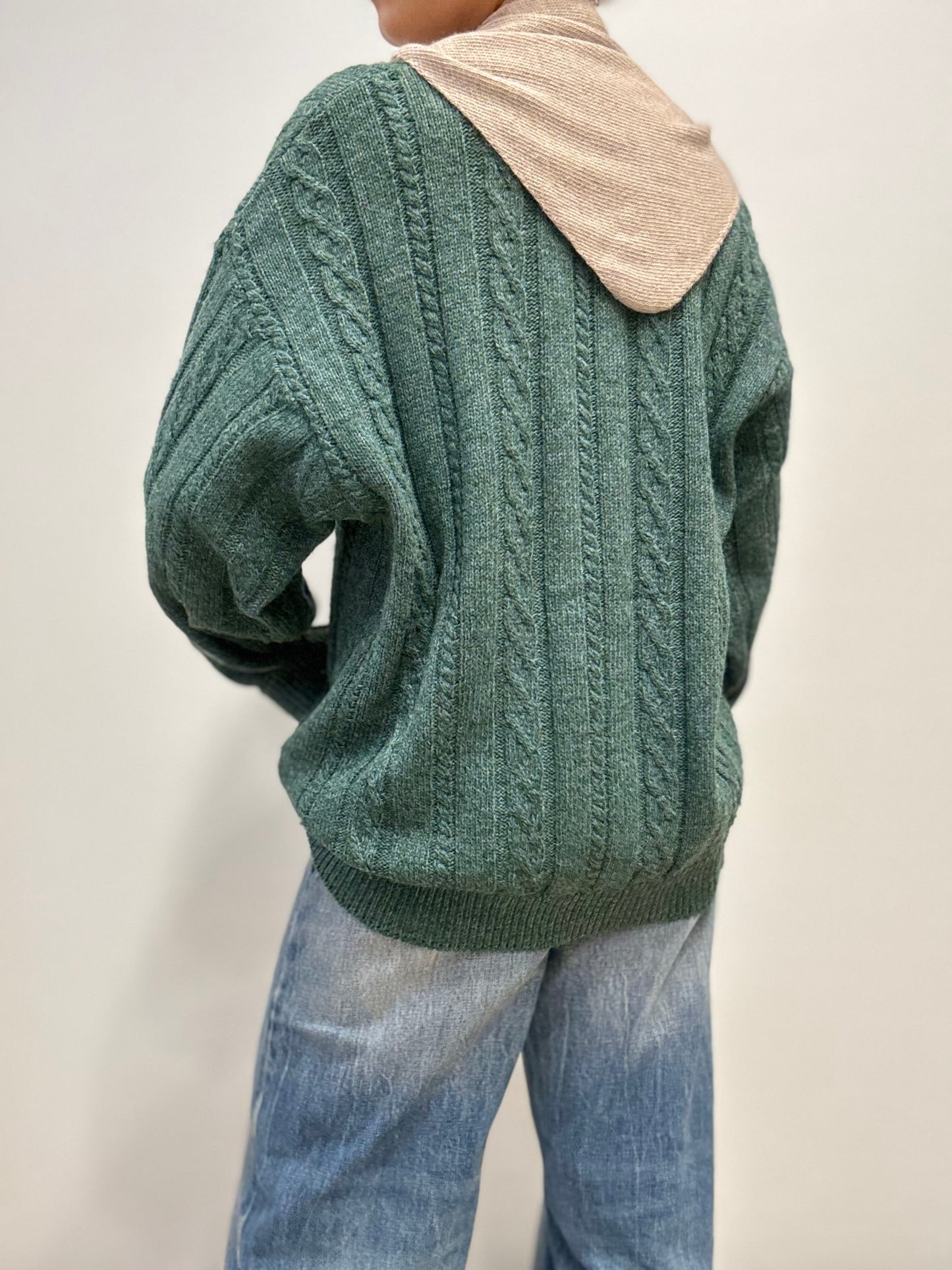 Groene Vintage Wollen Trui met V-hals