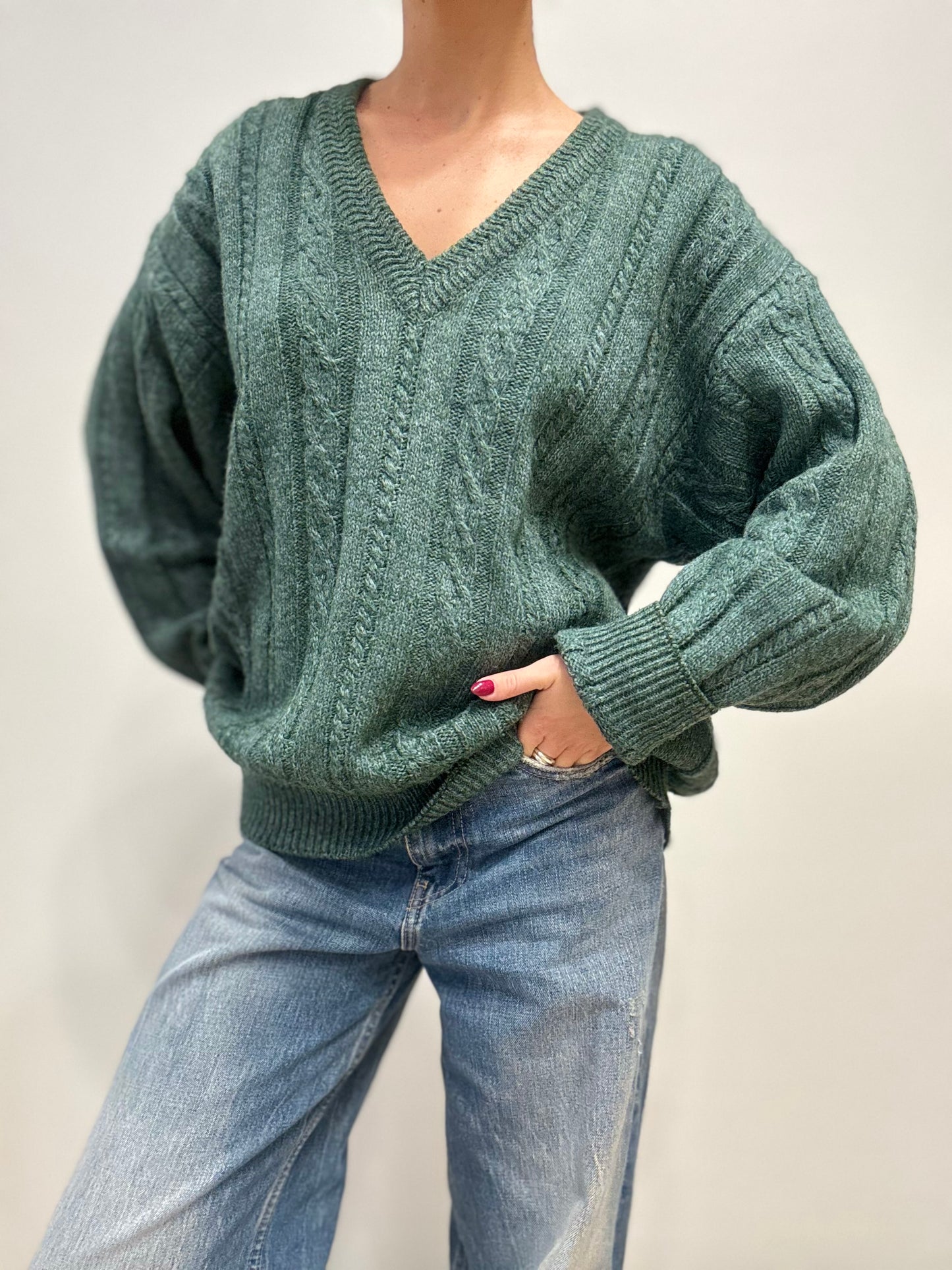 Groene Vintage Wollen Trui met V-hals