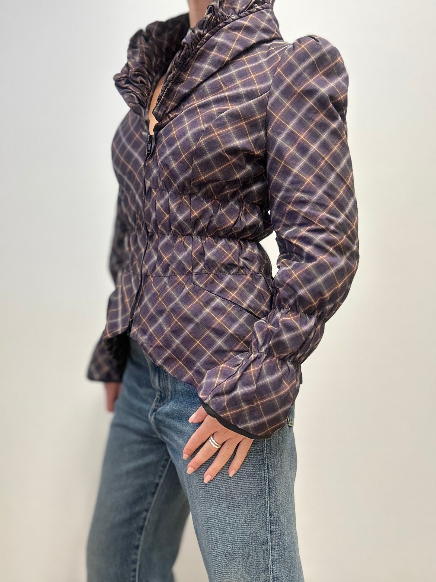 Vintage Gewatteerde Geruite Jas met Roeskraag