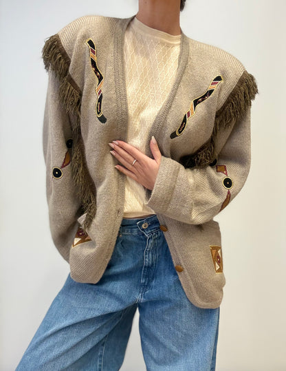 Vintage Italian Mohair Cardigan with Fringe & Embroidery