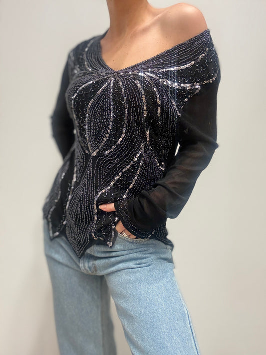 Mesh v-hals top met kralen en pailletten