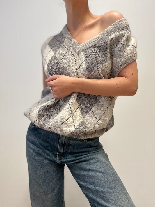 Vintage Argyle Sweater Vest in Grey & Cream