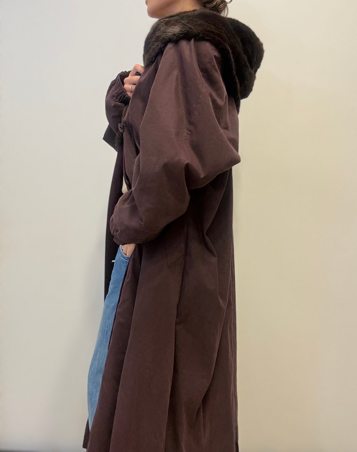 Vintage Maxi Coat with Fur Collar in Burgendy